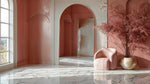Aurora Blush Arch Mirror with brushed golden rose aluminum frame in elegant modern pink room with marble floor and soft chair