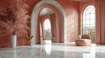 Aurora Blush Arch Mirror with brushed golden rose aluminum frame in modern blush interior reflecting light and enhancing space.