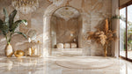 Grand Arcadian Mirror with brushed gold aluminum frame in elegant arched design, enhancing light and space in luxury interior.