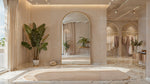 Grand Arcadian Mirror with brushed gold arched aluminum frame in elegant modern interior setting