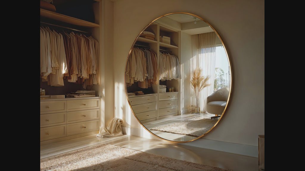 Solaro Round Mirror with Brushed Gold Frame.