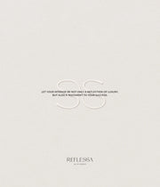 Reflessa branding card featuring luxury quote and logo for Aurora irregular curve mirror.